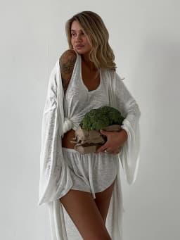 Bornladies White Robe Vest Shorts 3-Piece Set Woman Autumn New Semi Transparent Beachwear Casual Long Sleeved Cardigan Set