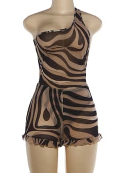 Weird Puss Wavy Pattern Print 2 Piece Set Woman Skew Collar Backless Tank Tops+Ruffles Edge Design Mini Shorts Sexy Fashion Suit