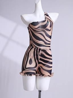 Weird Puss Wavy Pattern Print 2 Piece Set Woman Skew Collar Backless Tank Tops+Ruffles Edge Design Mini Shorts Sexy Fashion Suit