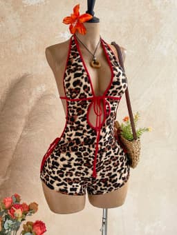 Vintage Melard Leopard Print Halter Neck Jumpsuit with Red Trim, Deep V Backless High-Waisted Tight-Fitting Hot Girl Vacation Jumpsuit