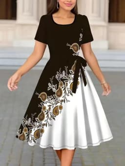 Women Floral Print A-Line Dress O Neck Short Sleeve Tie Waist Casual Midi Dress Black White Elegant Party Sundress