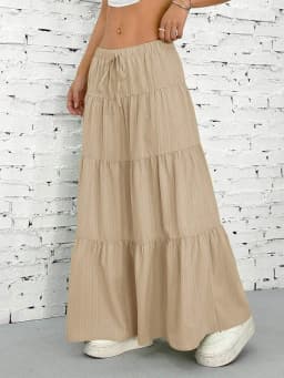 European and American Cross-Border New Style Wish Spring and Summer Women's Skirts, Tie-Strap Spliced Flared Skirts, Loose Long