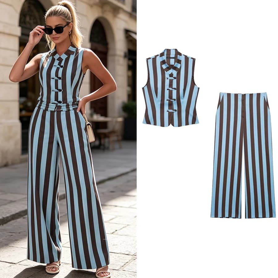 Women Fashion Summer 2026 Women Striped Casual Suit Knots Straight Vest+Zipper Pockets Long Pants Vintage Female Chic Lady Suits
