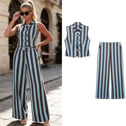 Women Fashion Summer 2026 Women Striped Casual Suit Knots Straight Vest+Zipper Pockets Long Pants Vintage Female Chic Lady Suits