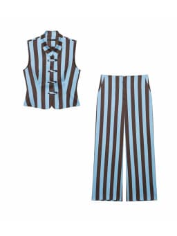 Women Fashion Summer 2026 Women Striped Casual Suit Knots Straight Vest+Zipper Pockets Long Pants Vintage Female Chic Lady Suits