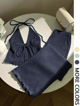 Women's Textured Neckline Top And Wide Leg Pants Set Deep V-Neck Design Front Tie Detail Elastic Waist Design 2-Piece Outfit