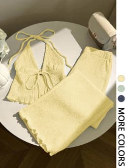 Women's Textured Neckline Top And Wide Leg Pants Set Deep V-Neck Design Front Tie Detail Elastic Waist Design 2-Piece Outfit
