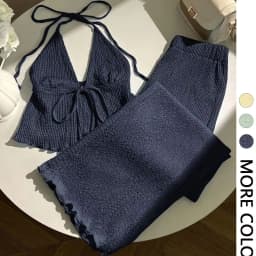 Women's Textured Neckline Top And Wide Leg Pants Set Deep V-Neck Design Front Tie Detail Elastic Waist Design 2-Piece Outfit