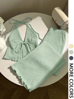 Women's Textured Neckline Top And Wide Leg Pants Set Deep V-Neck Design Front Tie Detail Elastic Waist Design 2-Piece Outfit