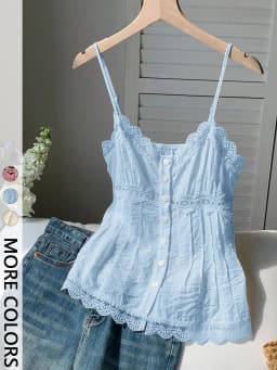 Ladies Lace Trim Pleated Texture Halter Vest V-Neck Design Adjustable Thin Straps One Piece