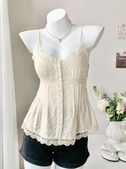 Ladies Lace Trim Pleated Texture Halter Vest V-Neck Design Adjustable Thin Straps One Piece