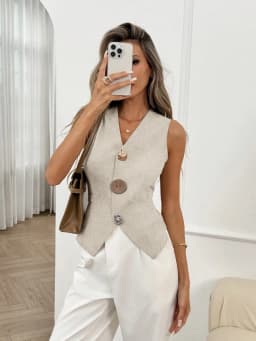 New Women's Cotton Linen Elegant Waistcoat Vest for Spring Summer Autumn, Back Tie Design Vest with Unique Hand-Sewn Buttons