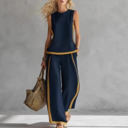 Women Linen 2 Piece Sets Color Block Sleeveless O Neck Tank Top High Waist Wide Leg Pants Loose Casual Summer Matching Suit