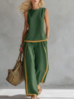 Women Linen 2 Piece Sets Color Block Sleeveless O Neck Tank Top High Waist Wide Leg Pants Loose Casual Summer Matching Suit