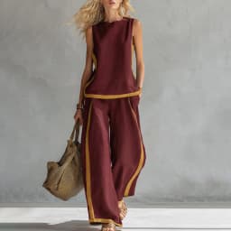 Women Linen 2 Piece Sets Color Block Sleeveless O Neck Tank Top High Waist Wide Leg Pants Loose Casual Summer Matching Suit