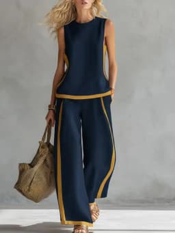 Women Linen 2 Piece Sets Color Block Sleeveless O Neck Tank Top High Waist Wide Leg Pants Loose Casual Summer Matching Suit