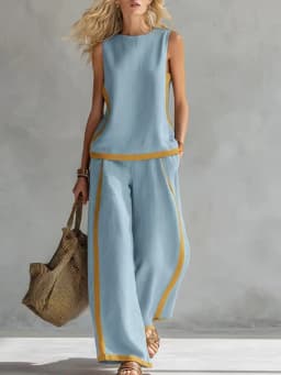 Women Linen 2 Piece Sets Color Block Sleeveless O Neck Tank Top High Waist Wide Leg Pants Loose Casual Summer Matching Suit