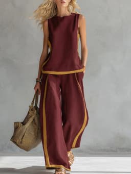 Women Linen 2 Piece Sets Color Block Sleeveless O Neck Tank Top High Waist Wide Leg Pants Loose Casual Summer Matching Suit
