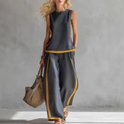 Women Linen 2 Piece Sets Color Block Sleeveless O Neck Tank Top High Waist Wide Leg Pants Loose Casual Summer Matching Suit
