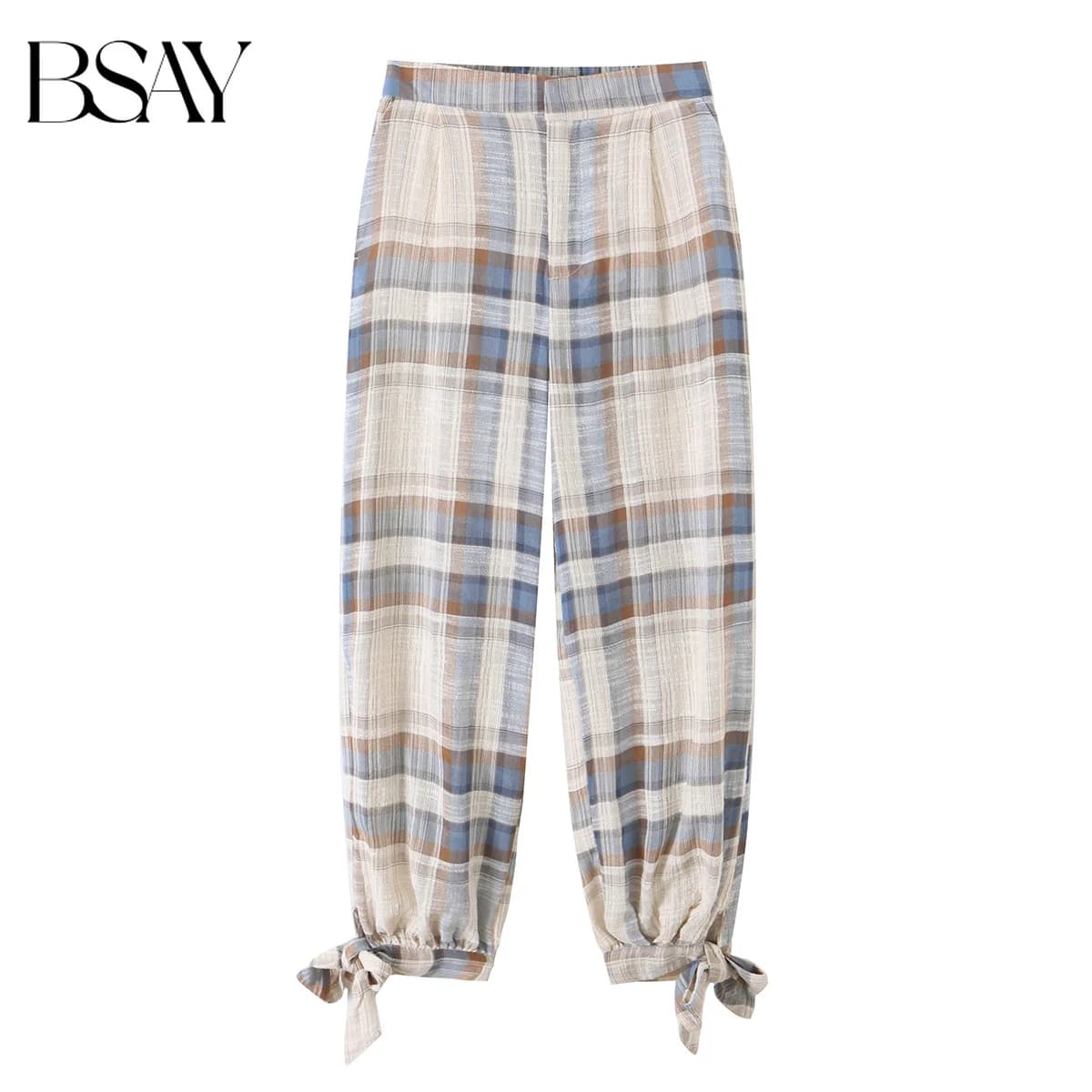 BSAY 2026 Women Vintage Plaid Checkered Lantern Pants Elastic High Waist Ankle Bow Tie Design Loose Casual Daily Harem Trousers