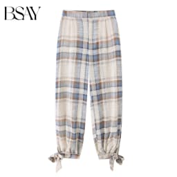 BSAY 2026 Women Vintage Plaid Checkered Lantern Pants Elastic High Waist Ankle Bow Tie Design Loose Casual Daily Harem Trousers