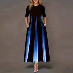 Summer new gradient vertical print dress with round neck, loose sleeves, slimming temperament, long skirt
