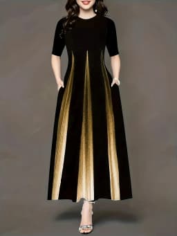Summer new gradient vertical print dress with round neck, loose sleeves, slimming temperament, long skirt