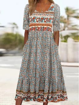 Women Boho Floral Print Midi Dress Round Neck Half Sleeve A Line Casual Dress With Pockets Summer Holiday Sundress