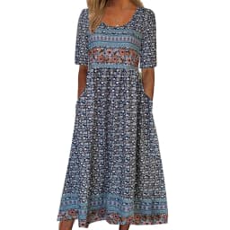 Women Boho Floral Print Midi Dress Round Neck Half Sleeve A Line Casual Dress With Pockets Summer Holiday Sundress