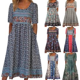 Women Boho Floral Print Midi Dress Round Neck Half Sleeve A Line Casual Dress With Pockets Summer Holiday Sundress