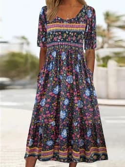 Women Boho Floral Print Midi Dress Round Neck Half Sleeve A Line Casual Dress With Pockets Summer Holiday Sundress
