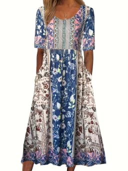 Women Boho Floral Print Midi Dress Round Neck Half Sleeve A Line Casual Dress With Pockets Summer Holiday Sundress