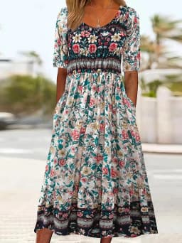 Women Boho Floral Print Midi Dress Round Neck Half Sleeve A Line Casual Dress With Pockets Summer Holiday Sundress
