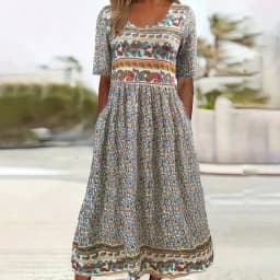 Women Boho Floral Print Midi Dress Round Neck Half Sleeve A Line Casual Dress With Pockets Summer Holiday Sundress