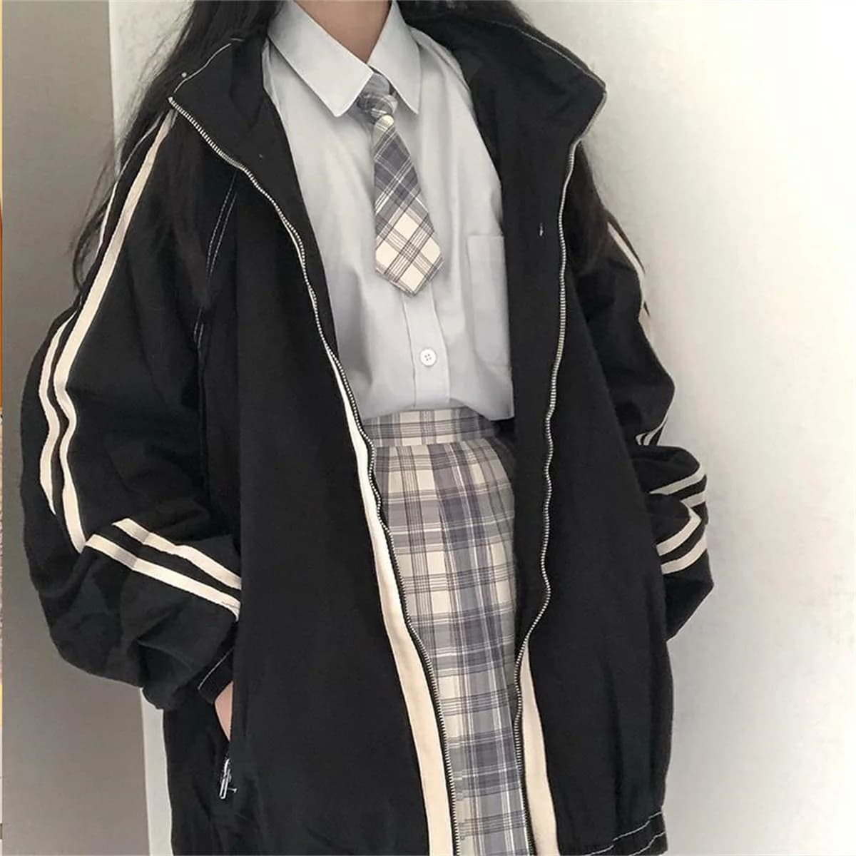 Spring Autumn Women Preppy Jackets Student Baggy Stand Collar Zipper Coats All-match Baseball Tooling Patchwork Outwear Casual