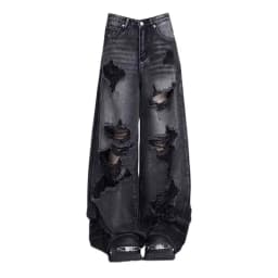 High Street Vintage Black Ripped Jeans Fashion Wide Leg Pants Women'S High Waisted Straight Leg Pants Baggy Pants Y2k Jeans