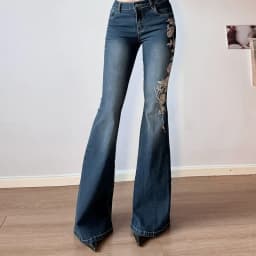 Women Retro Y2k Jeans Baggy Floral Embroidery Jeans Vintage 2000s Low Rise Flared Denim Pants High Street Basic Trousers