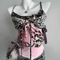 American Harajuku Hottie Camisole Subculture Leopard Patchwork Bow Halter Vest Y2K Aesthetic Letter Print Tanks Women's Slim Top
