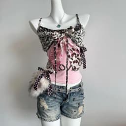 American Harajuku Hottie Camisole Subculture Leopard Patchwork Bow Halter Vest Y2K Aesthetic Letter Print Tanks Women's Slim Top