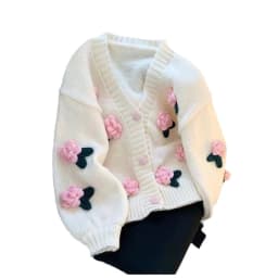 New 3D Flower Knitted Cardigan Women Sweet Cute Korean All-Match V-Neck Sweater Coat Autumn Winter Gentle Style Knitted Cardigan
