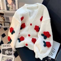New 3D Flower Knitted Cardigan Women Sweet Cute Korean All-Match V-Neck Sweater Coat Autumn Winter Gentle Style Knitted Cardigan