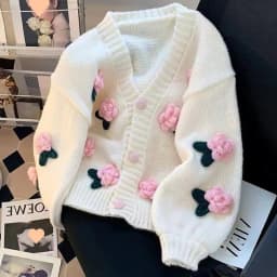 New 3D Flower Knitted Cardigan Women Sweet Cute Korean All-Match V-Neck Sweater Coat Autumn Winter Gentle Style Knitted Cardigan
