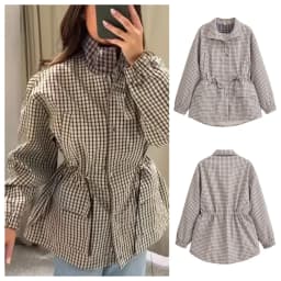 Women's Jacket 2026 Vintage Plaid Waist-Cinched Stand Collar Long Sleeve Loose Fit New Casual Street Elegant Women's Coat