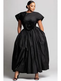 Women Plus Size Midi Dress Rose Applique Ball Gown Round Neck Short Sleeve High Waist Elegant Formal Party Dress with Pockets