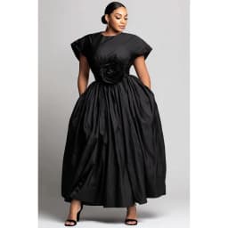Women Plus Size Midi Dress Rose Applique Ball Gown Round Neck Short Sleeve High Waist Elegant Formal Party Dress with Pockets