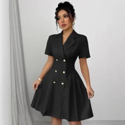 Elegant and Formal Women's Dresses Notched Lapel Collar Short Sleeve Double Breasted Flared Skirt Formal Office Blazer Dress