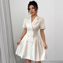 Elegant and Formal Women's Dresses Notched Lapel Collar Short Sleeve Double Breasted Flared Skirt Formal Office Blazer Dress