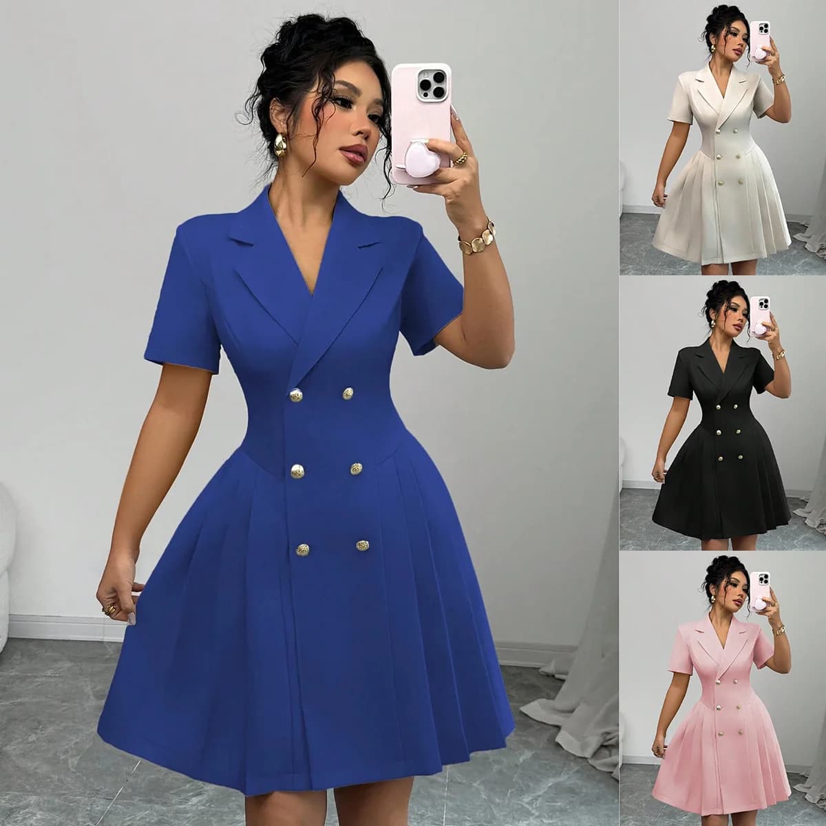 Elegant and Formal Women's Dresses Notched Lapel Collar Short Sleeve Double Breasted Flared Skirt Formal Office Blazer Dress
