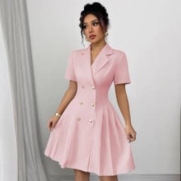 Elegant and Formal Women's Dresses Notched Lapel Collar Short Sleeve Double Breasted Flared Skirt Formal Office Blazer Dress