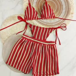 Fashion Stripes 3 in 1 Swimwear Set Lace Up Slim Fit Bikini Bathing Suit Deep-V Sleeveless Knitting Swimsuit Vacation